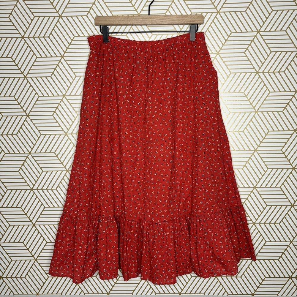 Vintage Tiered Floral Boho Peasant Maxi Skirt Large Prairie Cottage Country Red
